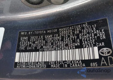 2017 Toyota Corolla Xse from USA, damaged, VIN 2T1BURHEXHC826454